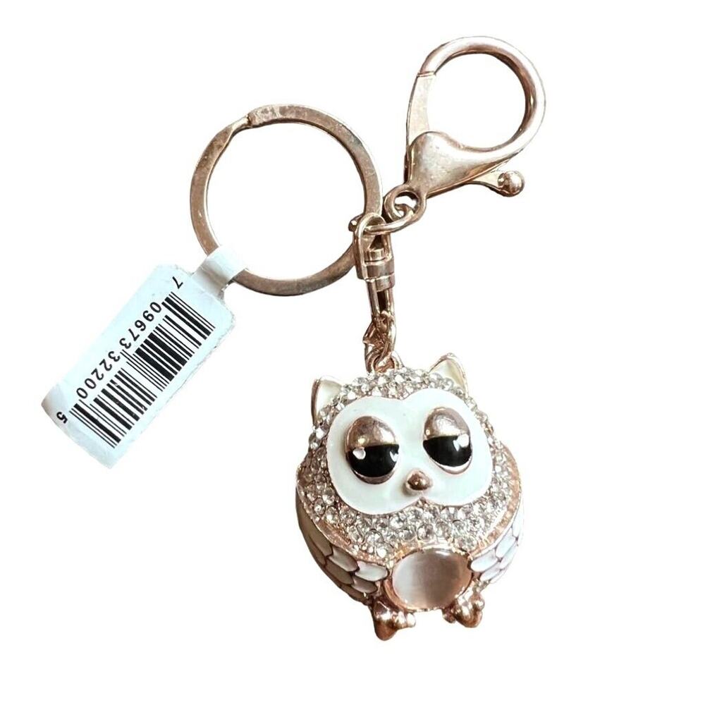 Bag Charm Keychain Rose Gold Tone and Rhinestone Owl Fashion